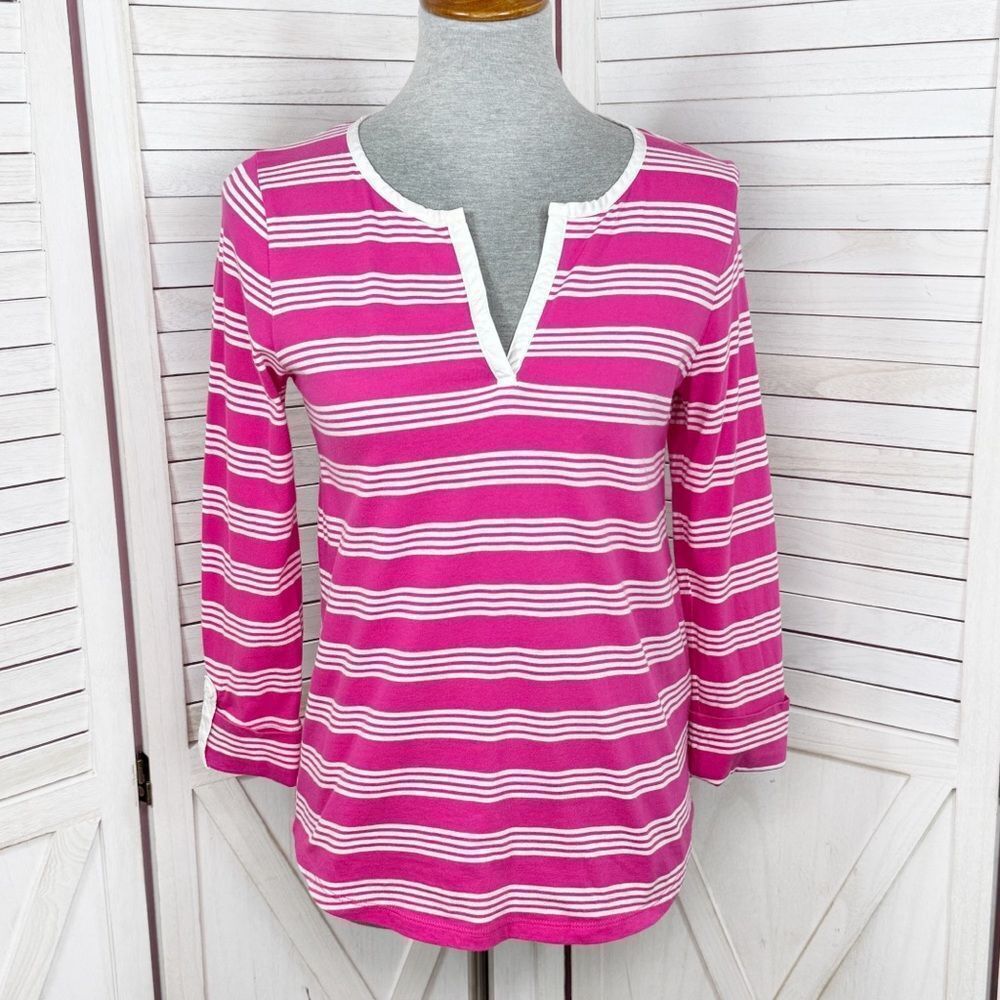 Jones New York Striped V Neck Henley T Shirt Pink White XS Preppy Nautical